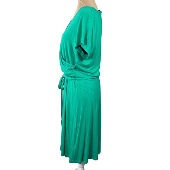Lands' End Faux Wrap Dress Size L Large Green Short Sleeve V- Neck Knit - Picture 2 of 5